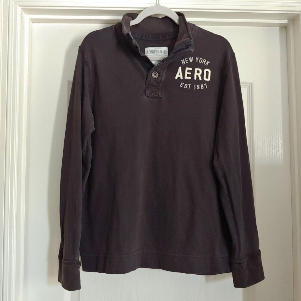 Aeropostale Mens Black Pullover 1/4 Button Shirt Y2k Skater Grunge Preppy M